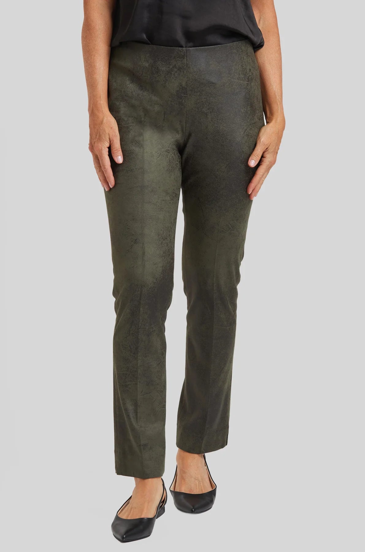 The Annie Distressed Faux Leather Pull On Pant - Army