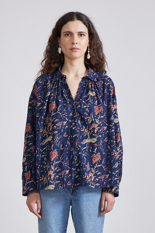 Kira Blousy Button Up - Indigo Jarden Block Print