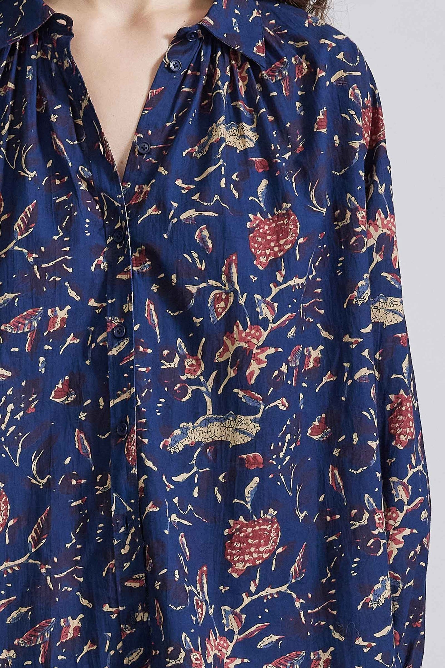 Kira Blousy Button Up - Indigo Jarden Block Print