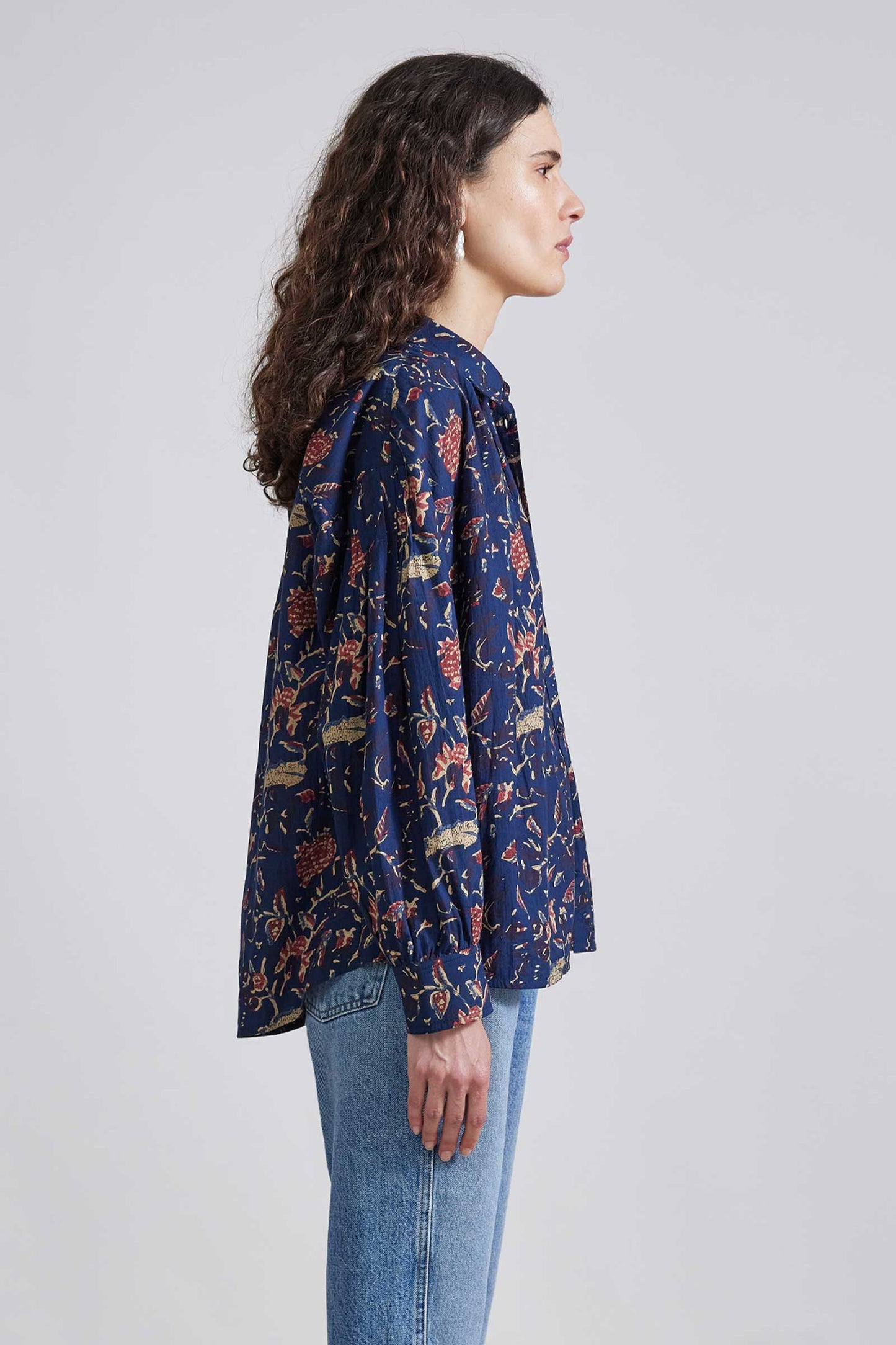 Kira Blousy Button Up - Indigo Jarden Block Print