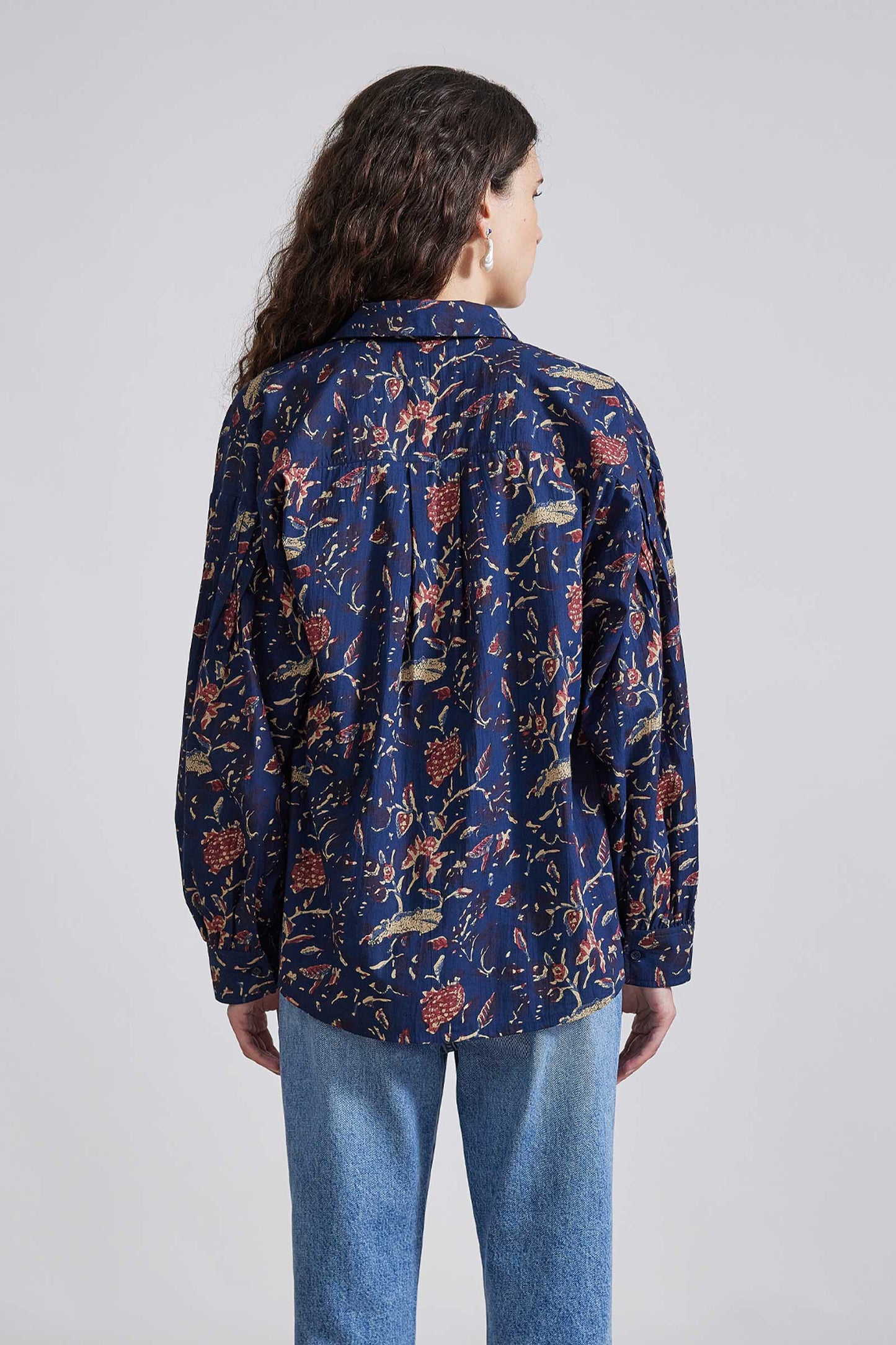 Kira Blousy Button Up - Indigo Jarden Block Print