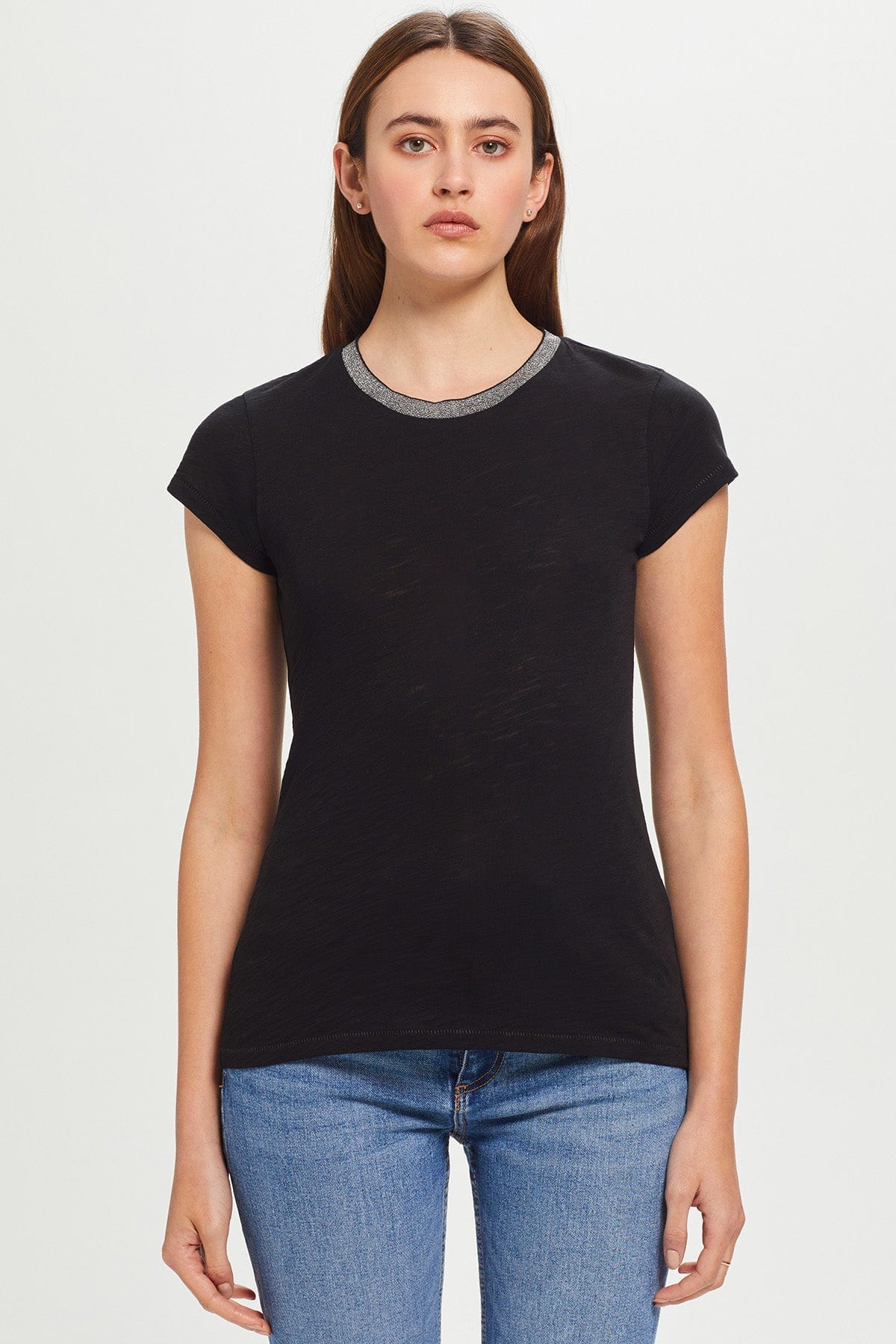 Metallic Trim Short Sleeve Tee - Black