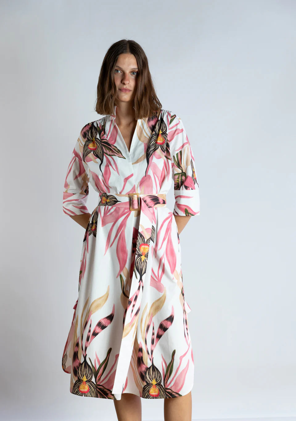 BOTANICAL WATERCOLOR LEAF PRINT TUNIC WITH CUFFED SLEEVES