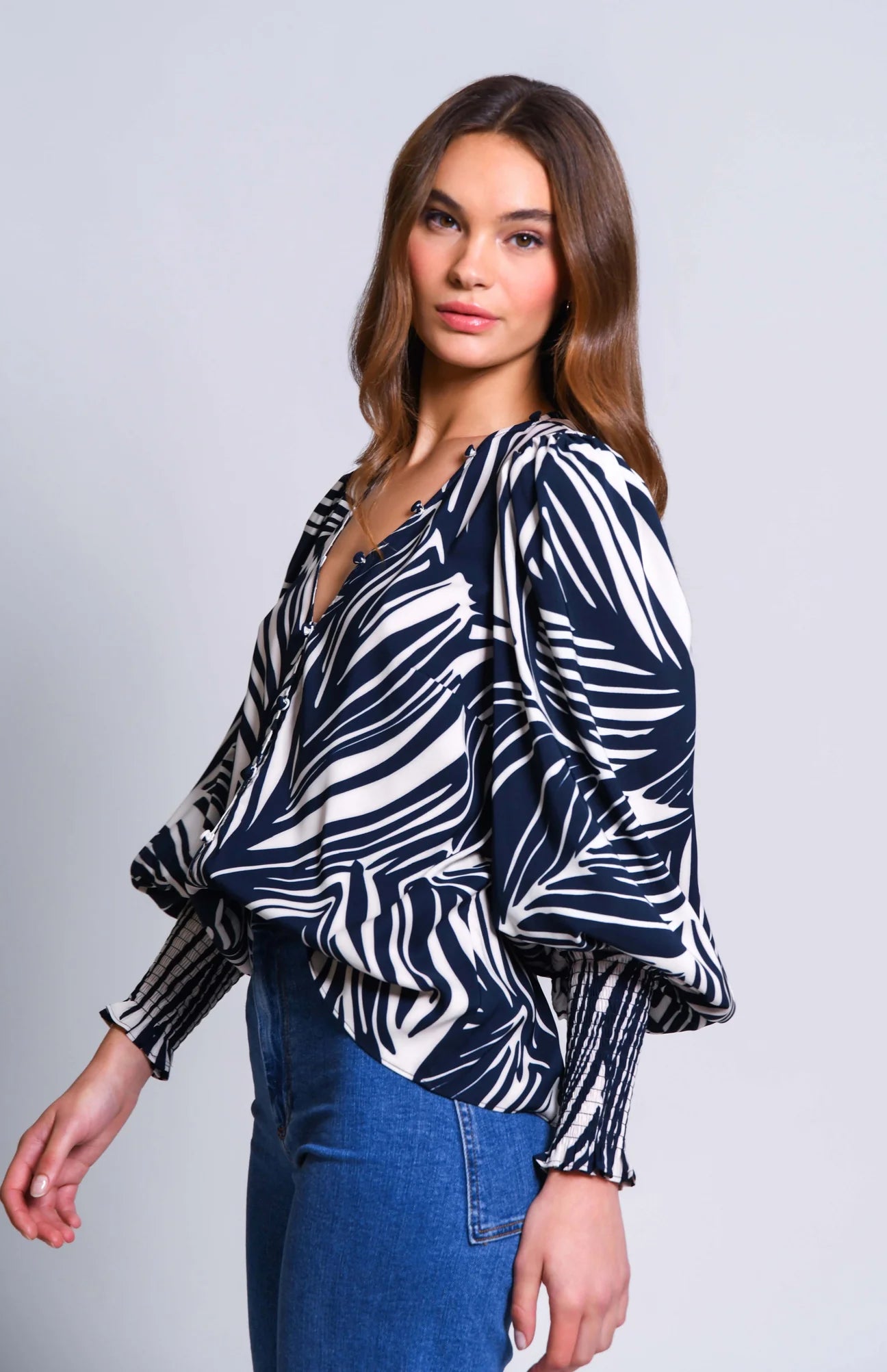 Margie Top - Navy & Ivory Leaves