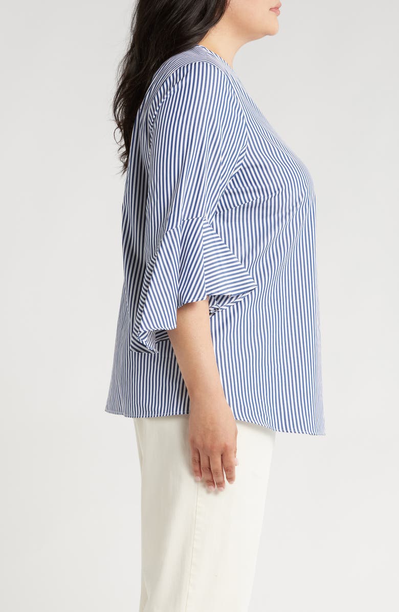 Malena Stripe Flutter Sleeve Cotton Top - Navy Stripes
