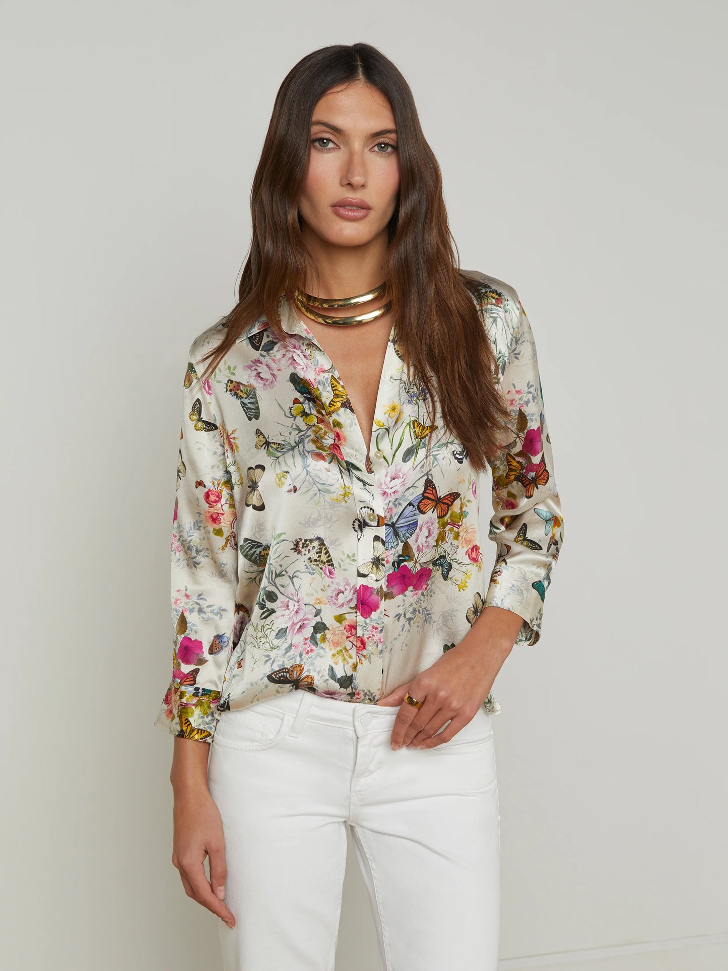 Dani Silk Blouse - Vintage White Multi Charonda Butterfly