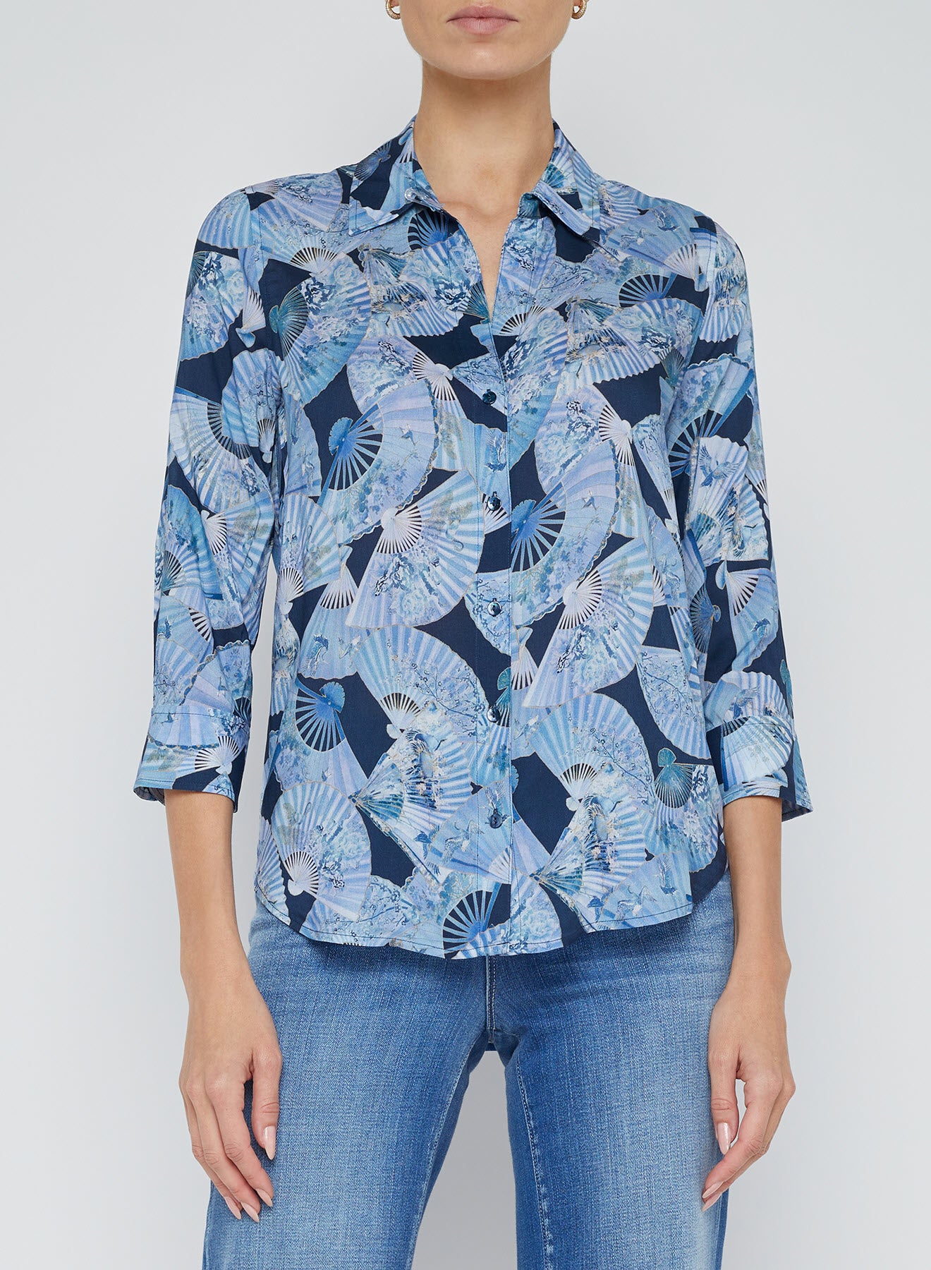 CAMILLE 3/4 SLEEVE BLOUSE - BLUE MULTI PAPER FANS