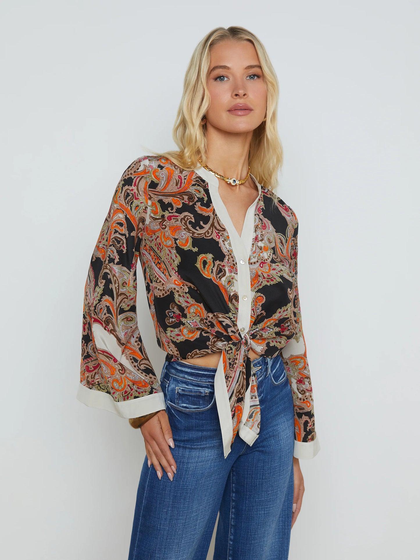 Charlize Silk Blouse - Tonal Tan Paisley Medallion