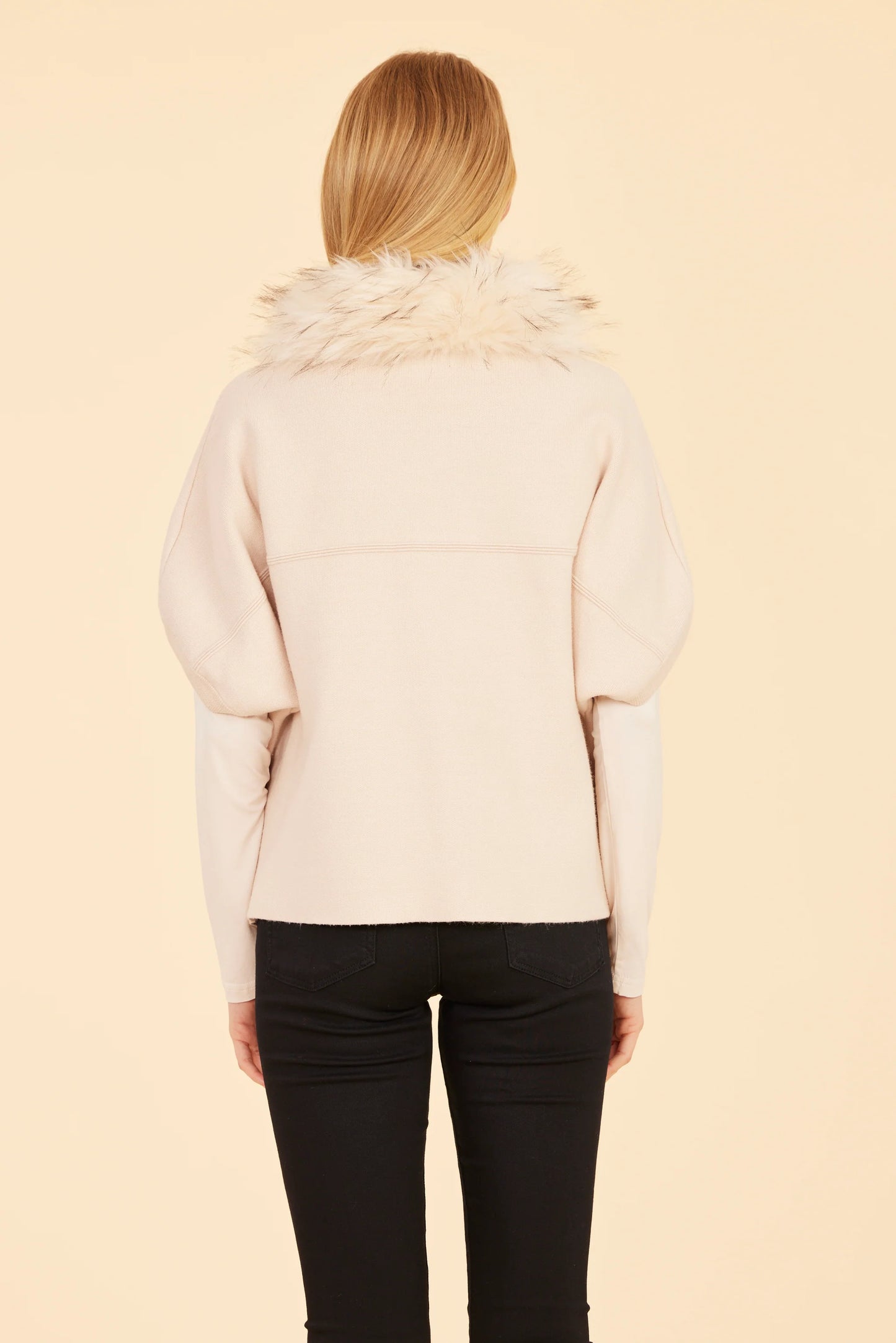 Faux Fur Collar Short Sleeve Cardigan - Creme