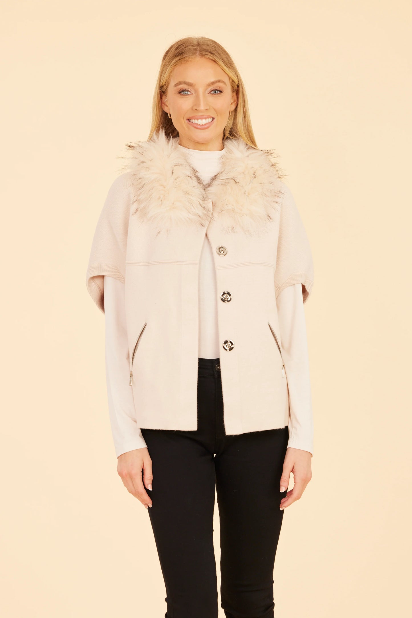 Faux Fur Collar Short Sleeve Cardigan - Creme