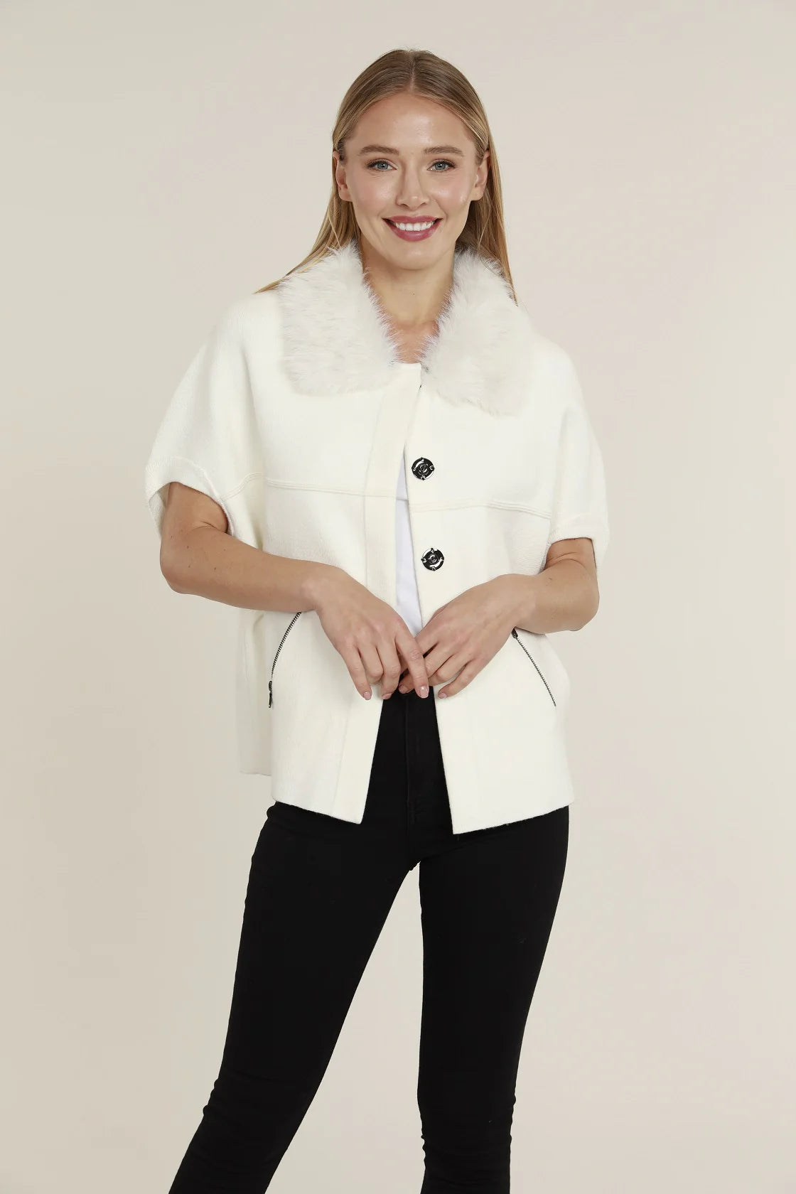 Faux Fur Collar Short Sleeve Cardigan - Ivory