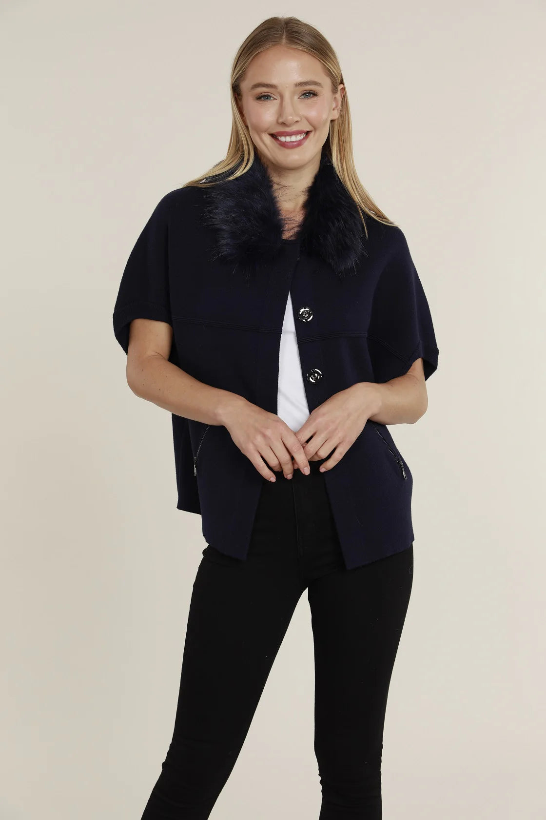 Faux Fur Collar Short Sleeve Cardigan - Black