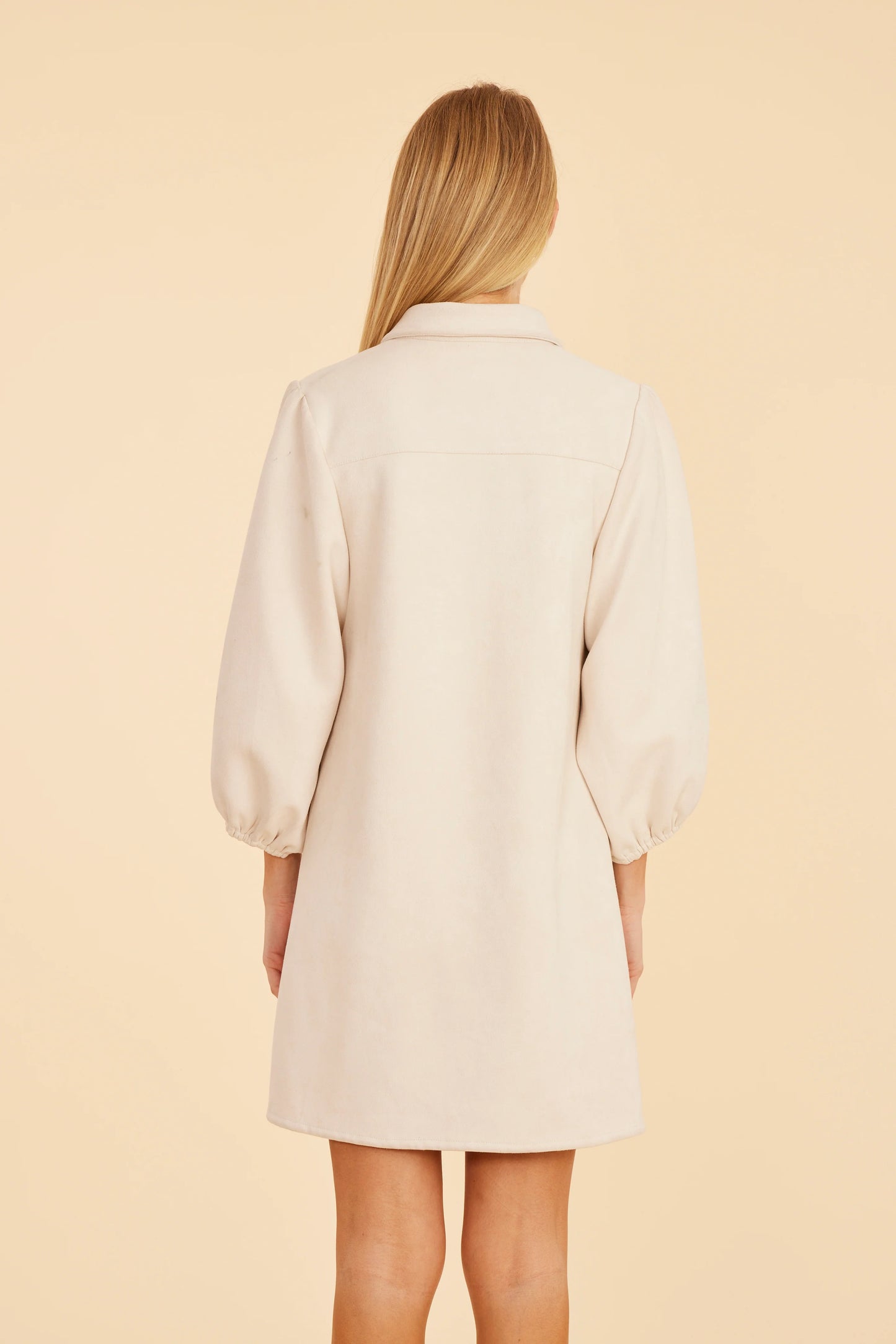 Faux Suede Puff Sleeve Shirt Dress - Creme