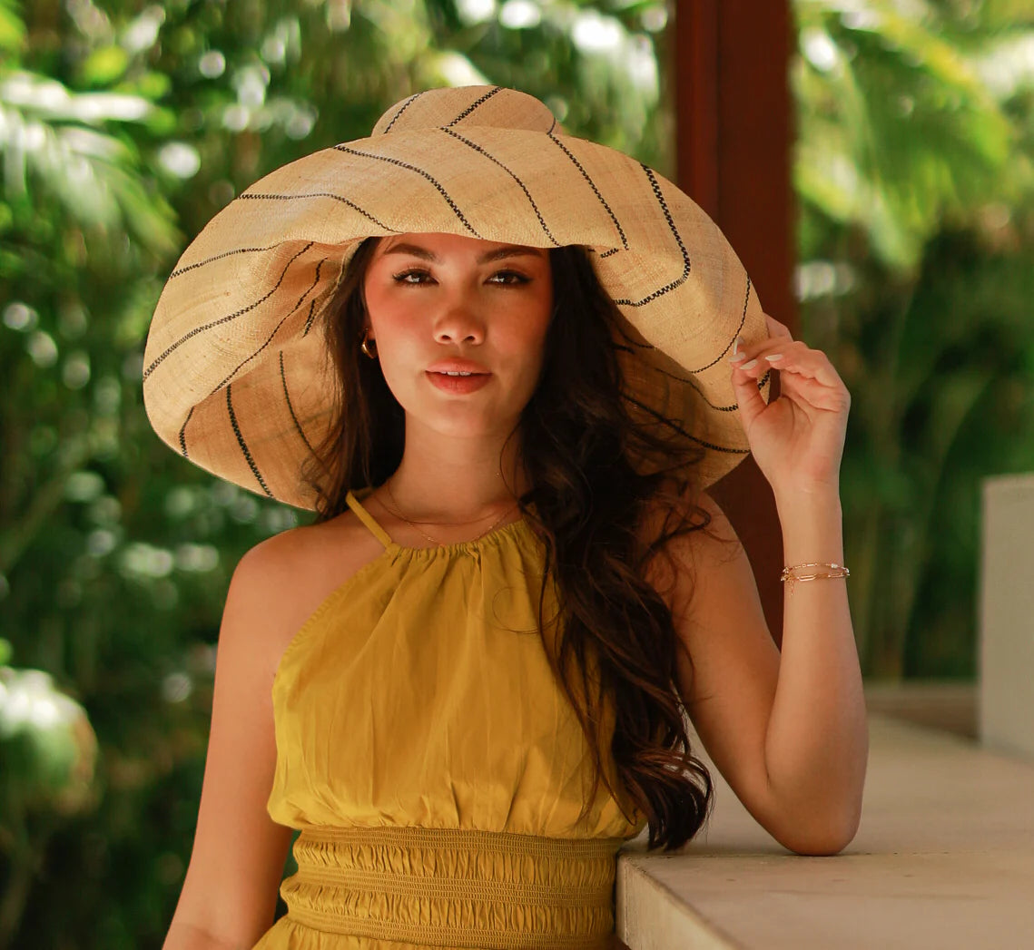 5" & 7" Wide Brim Multicolor Pinstripe Pattern Packable Straw Sun Hats