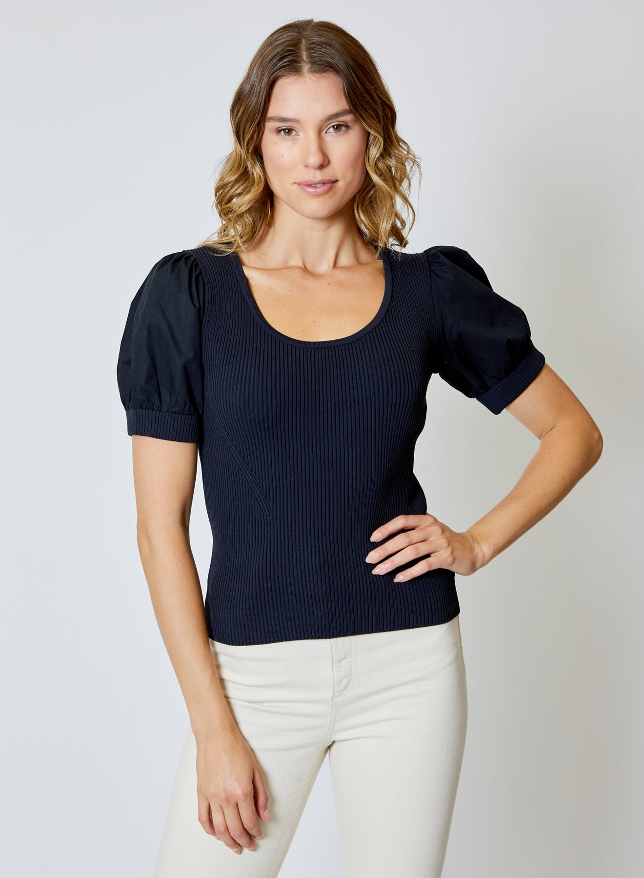 Short Sleeve Mix Media Sweater - Black