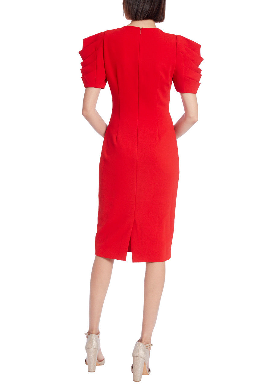 Pleated Drape Sleeve Sheath Dress - Red