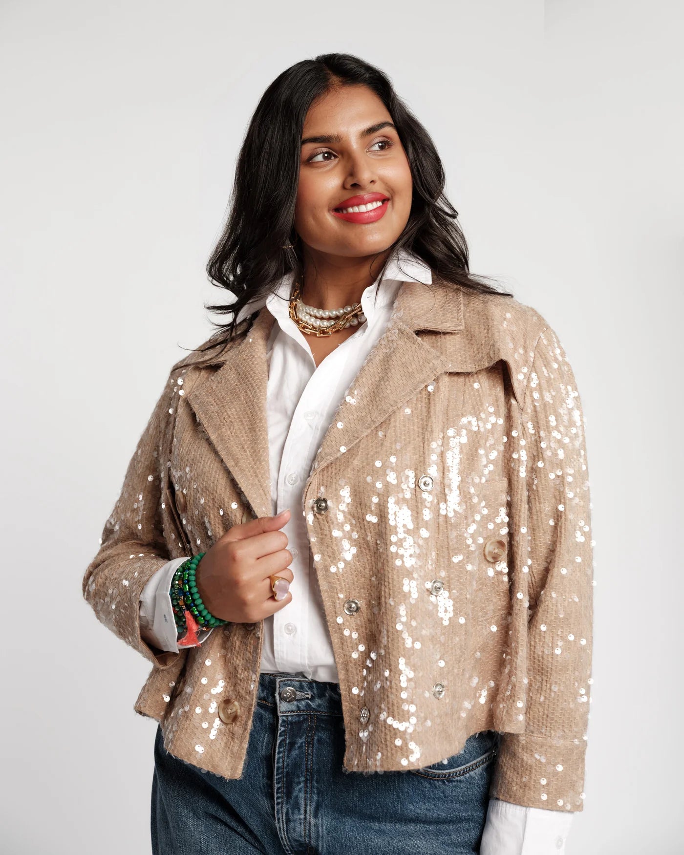 Sequin Moto Jacket - Oyster