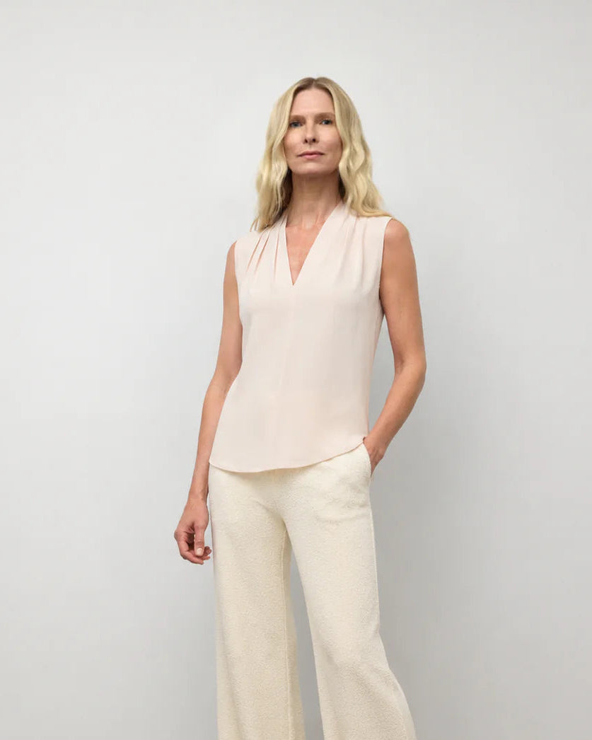 Matte Jersey Sleeveless Pleated V-neck Top
