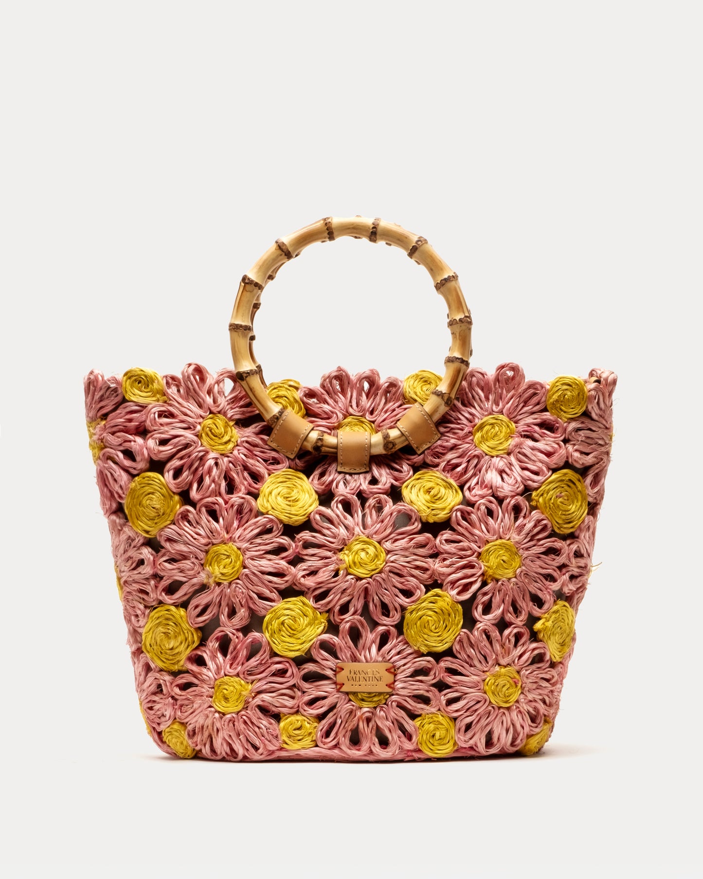 Flora Tote w/Bamboo Handle - Pink/Yellow
