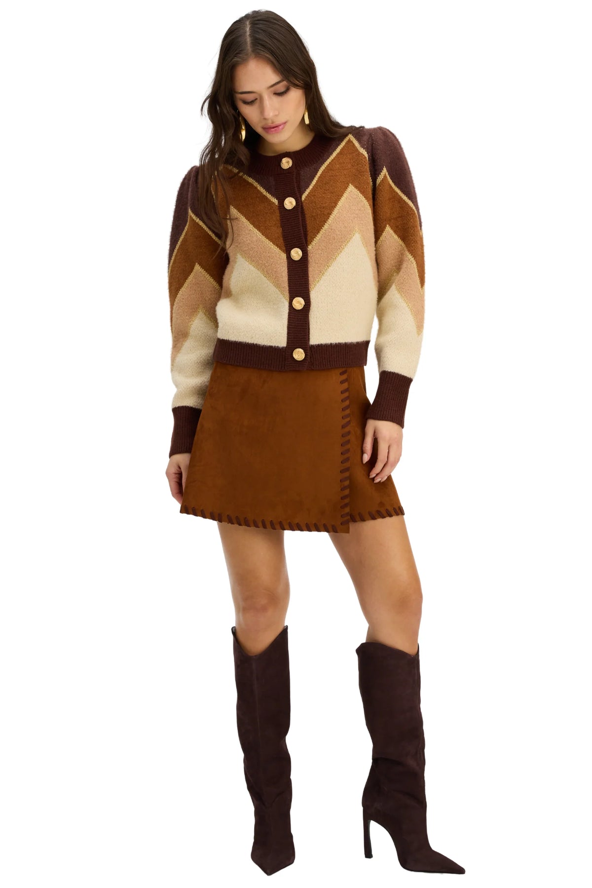 Fuzzy Chevron Sweater - Brown Multi