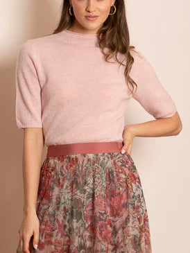 Cashmere Short Sleeve Mock Neck Sweater - Pink