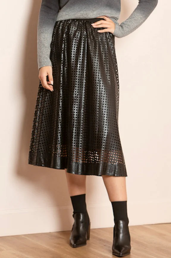 Serena Perforated Pleather Gathered Midi Skirt - Black