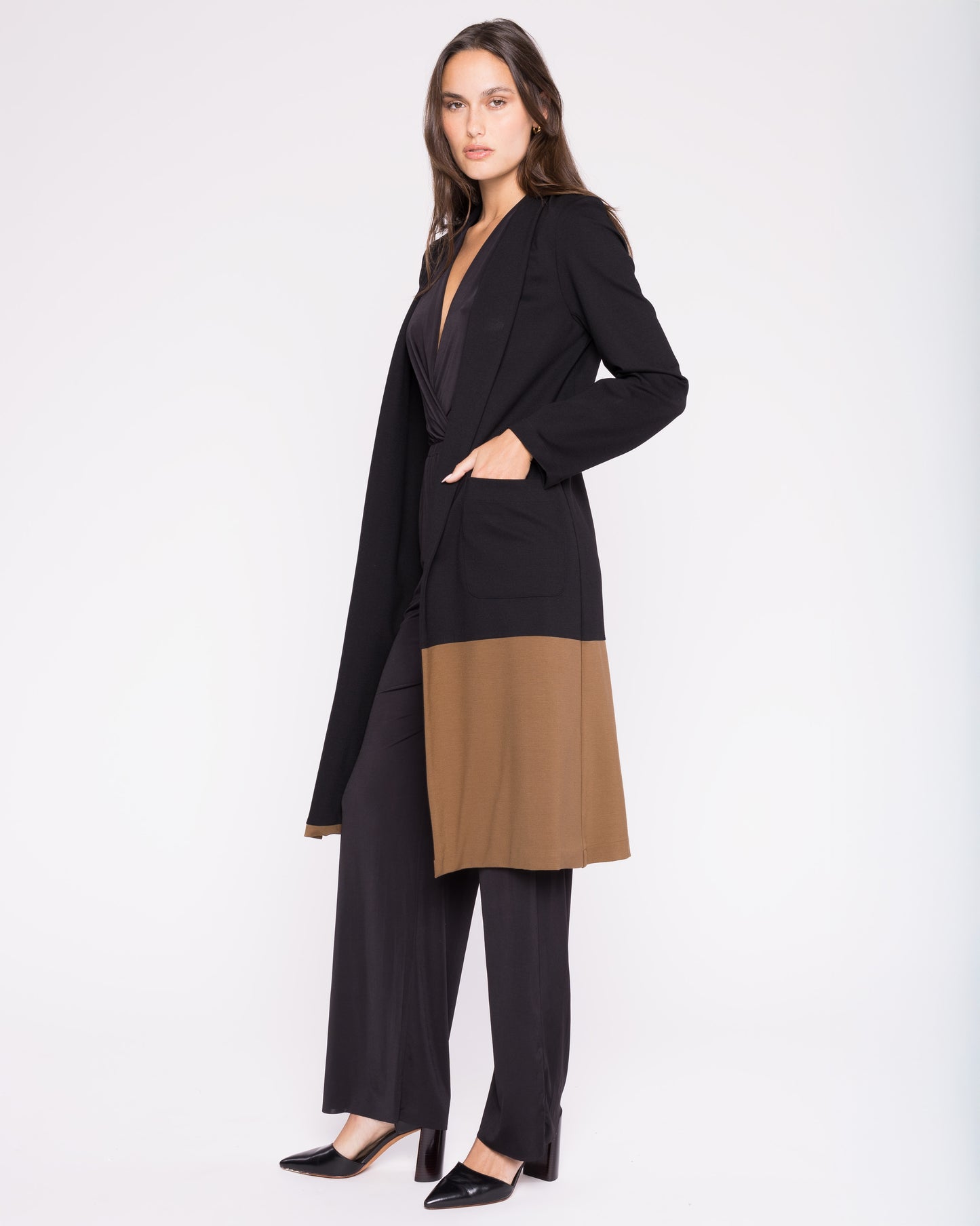 Ponte Knit Color Block Smoking Jacket - Black/Camel