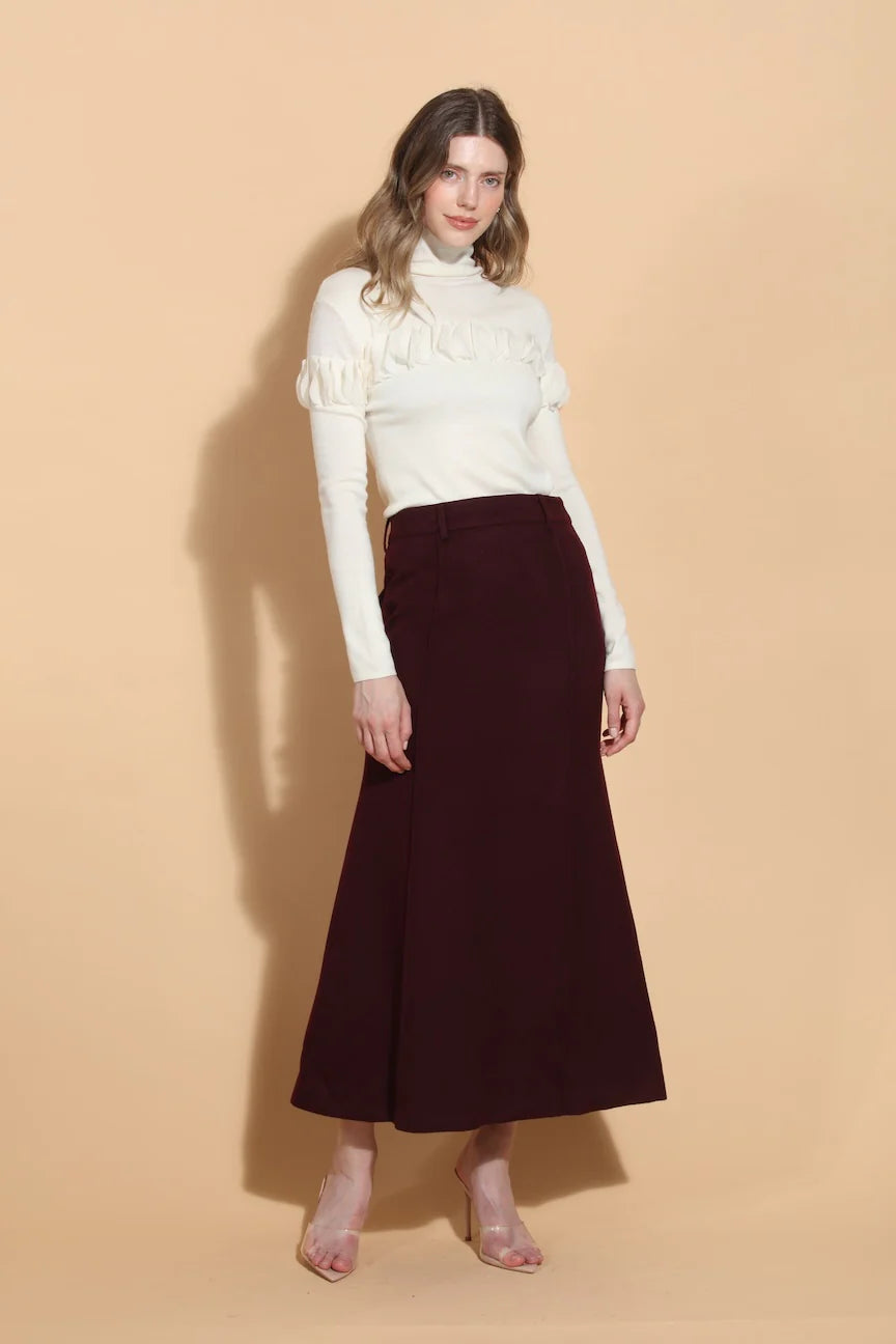 Wool Midi Trumpet Skirt - Burgundy
