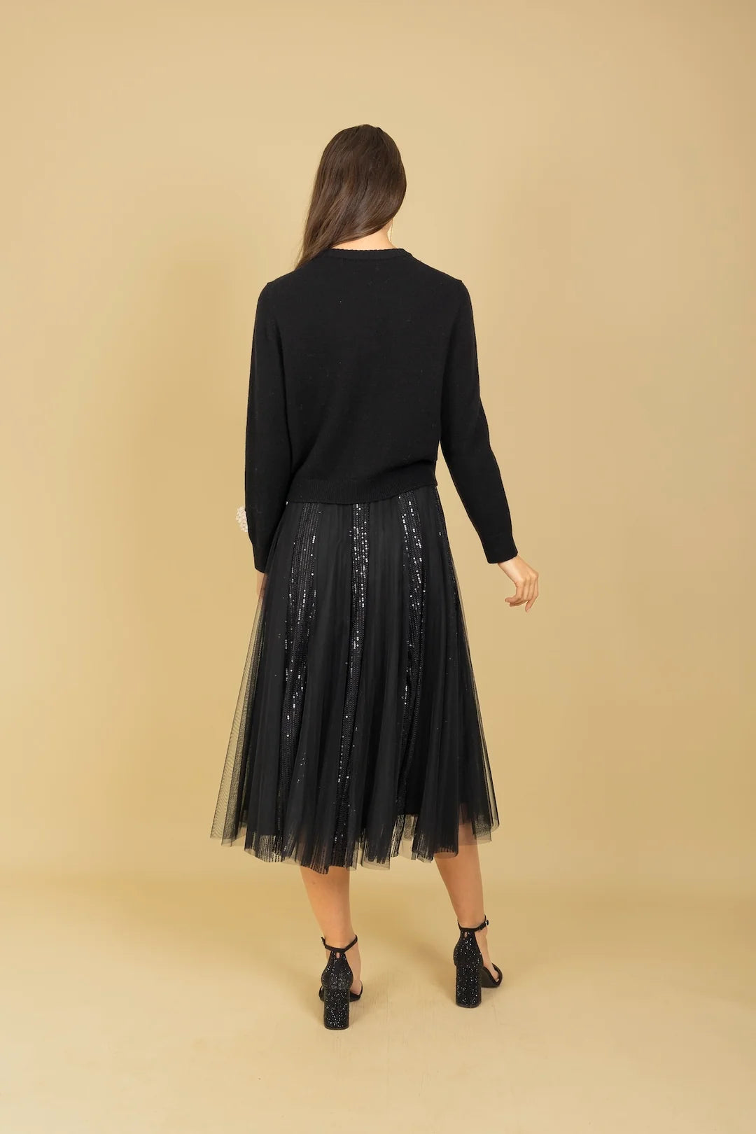 Merino Wool V-Neck Cardigan with Appliques - Black
