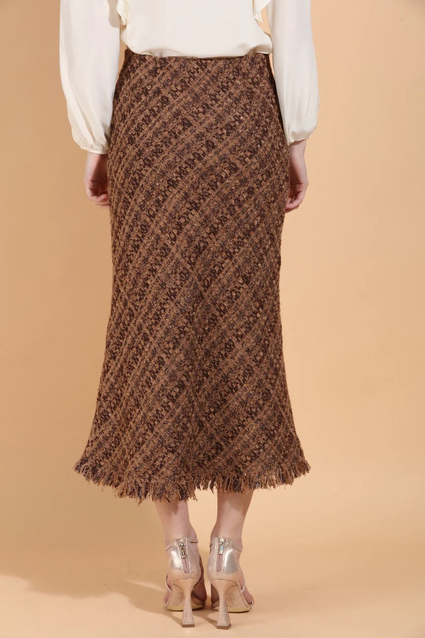 Tweed Trumpet Skirt with Raw Hem - Camel
