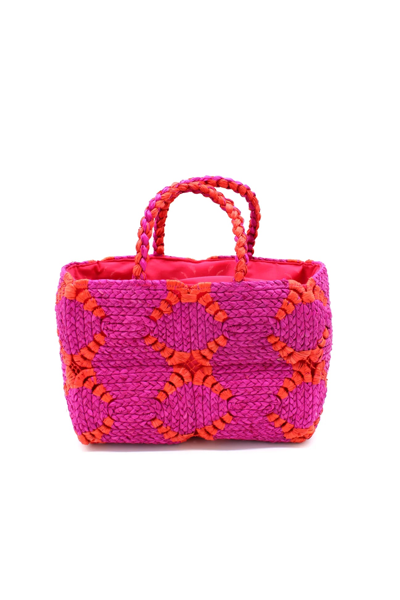 Gemma Crochet Disc Rectangle Straw Basket Handbag - Fuchsia & Coral