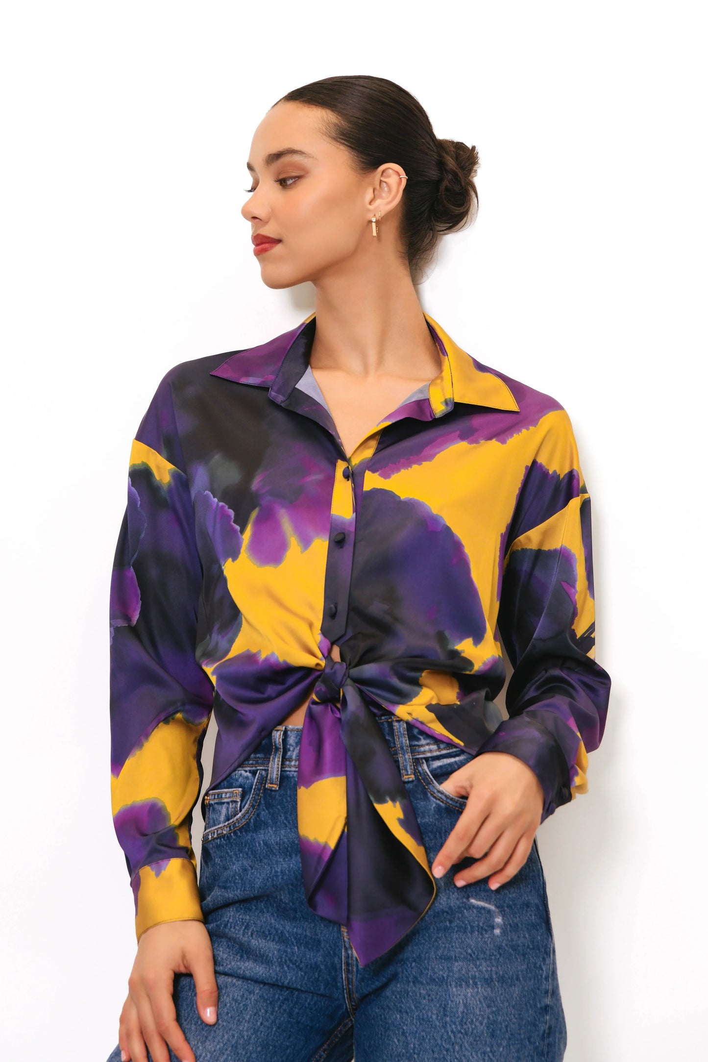 Long Sleeve Tie Front Button Down - Citrine Ink Blot Floral
