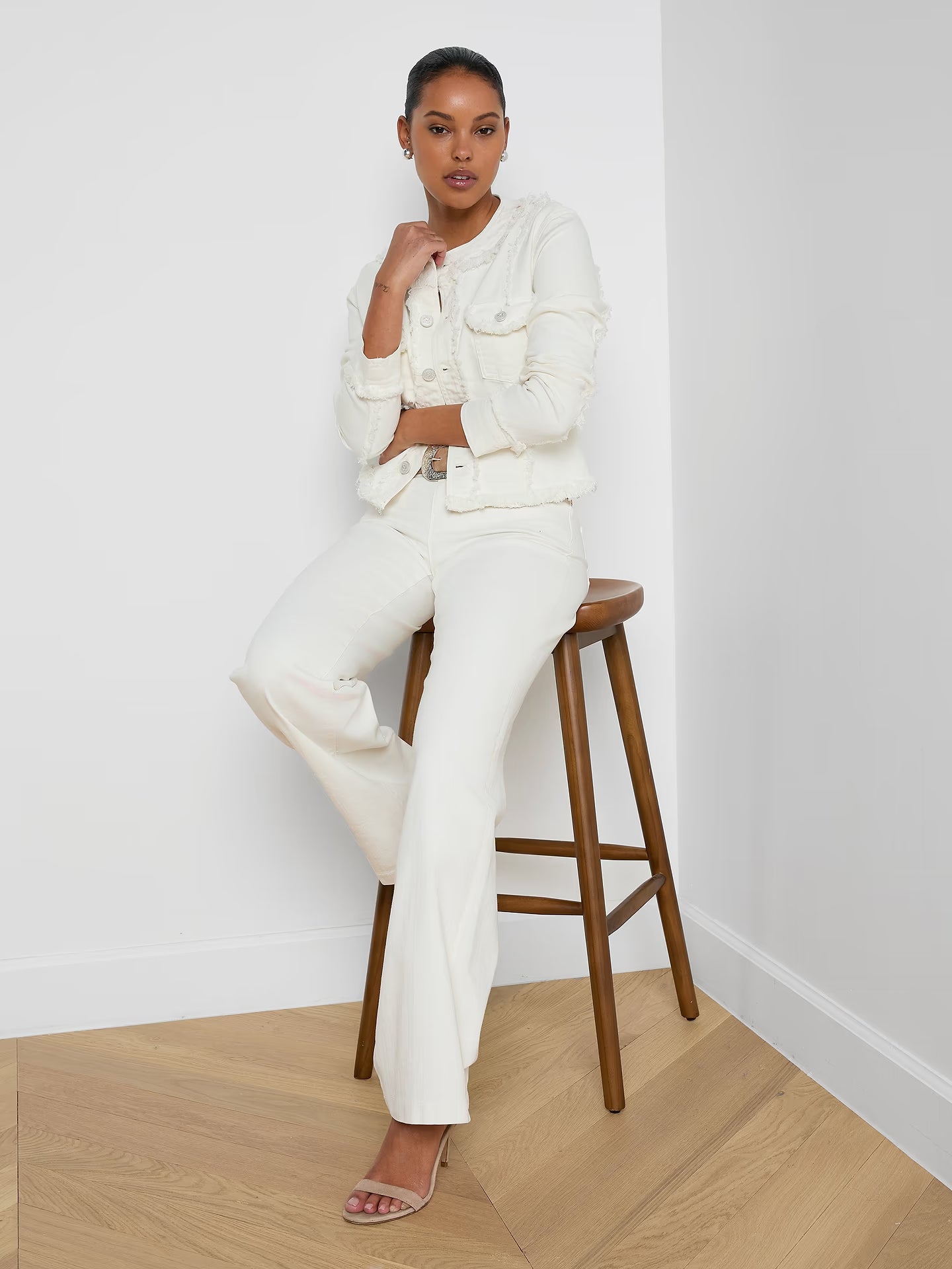 Yarin Collarless Fray Jacket - Light Ecru