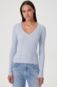 COTTON RIB L/S W/ VNECK BUTTONS - Blue Heather