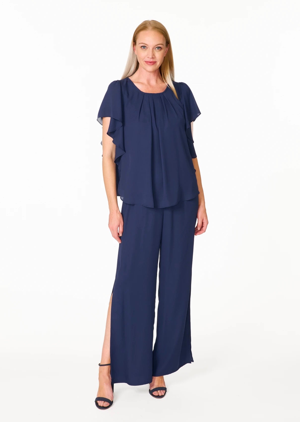 Pleat Front Cascade Sleeve Top - Navy