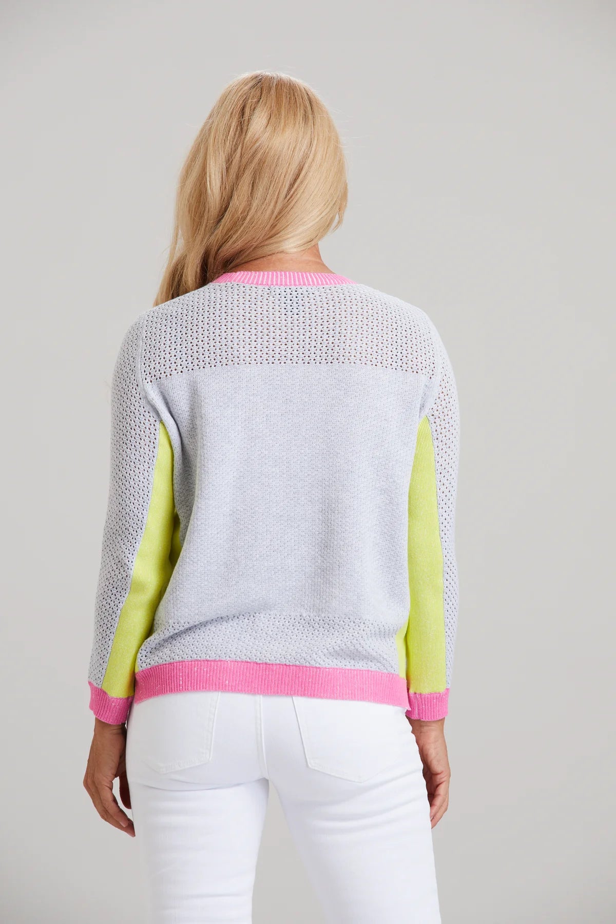 Grey Crewneck Sweater - Yellow & Pink