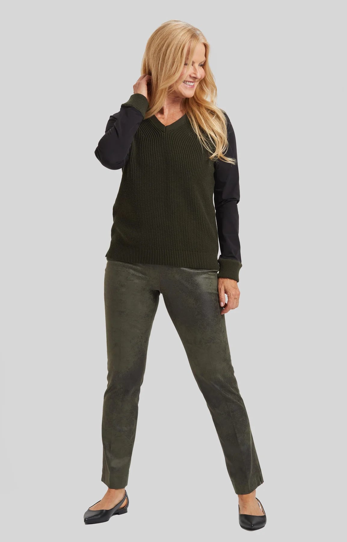 The Annie Distressed Faux Leather Pull On Pant - Army