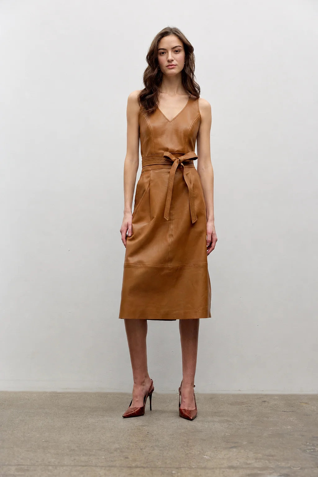 Pleated Front A-Line Leather Skirt - Caramel