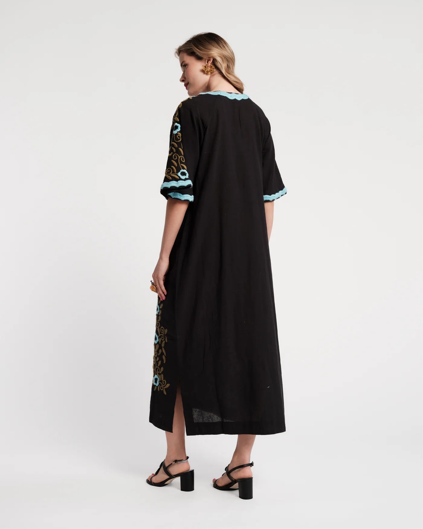 Embroidered Charming Caftan - Light Blue Black