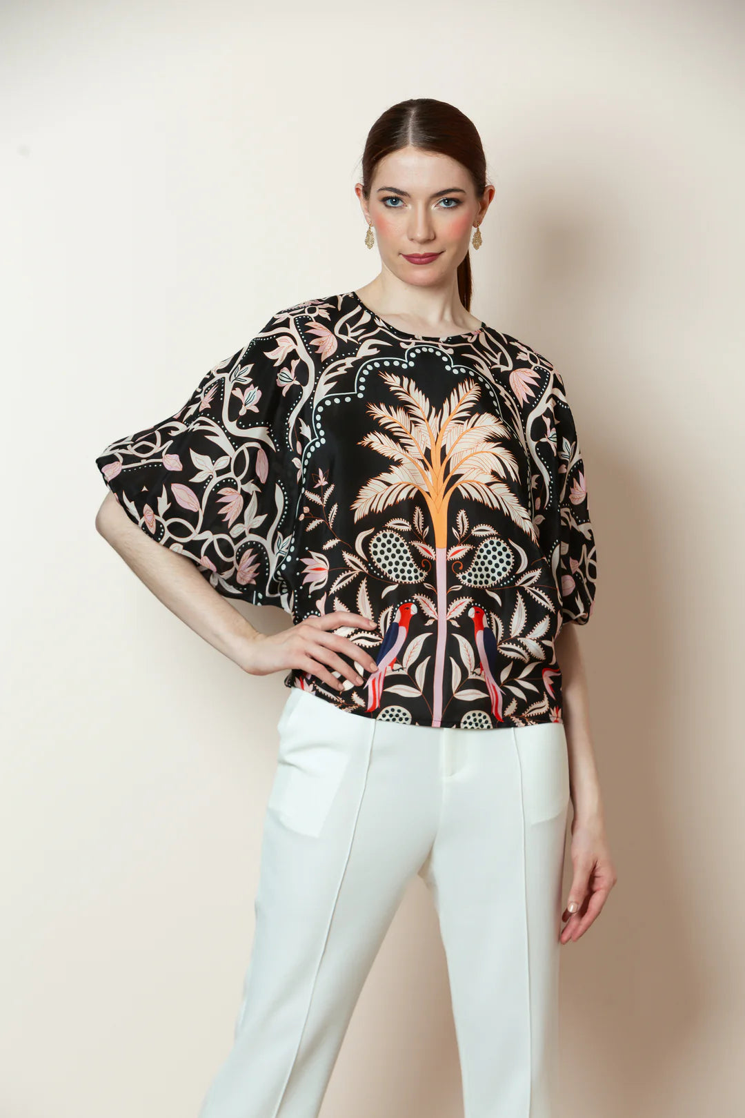 Palm Tree Silk Blouse - Black