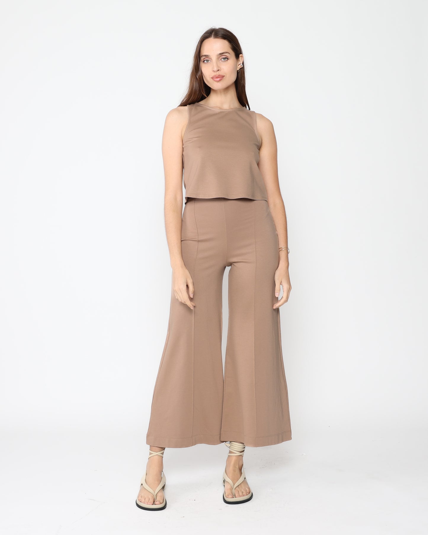 Ponte Knit Wide Leg Pant: Cropped - Khaki