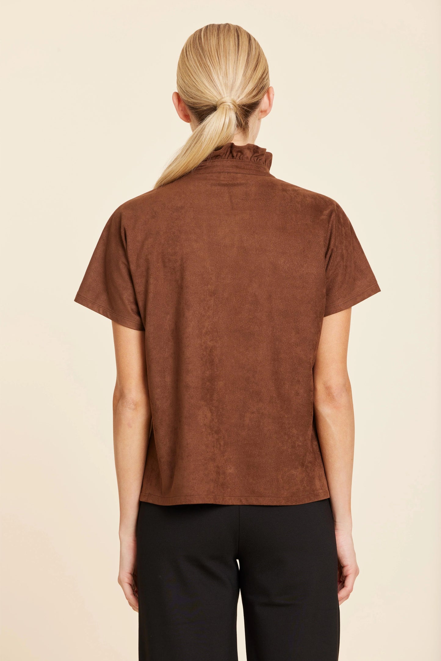 Faux Suede Ruffle Collar V-Neck Top - Brown
