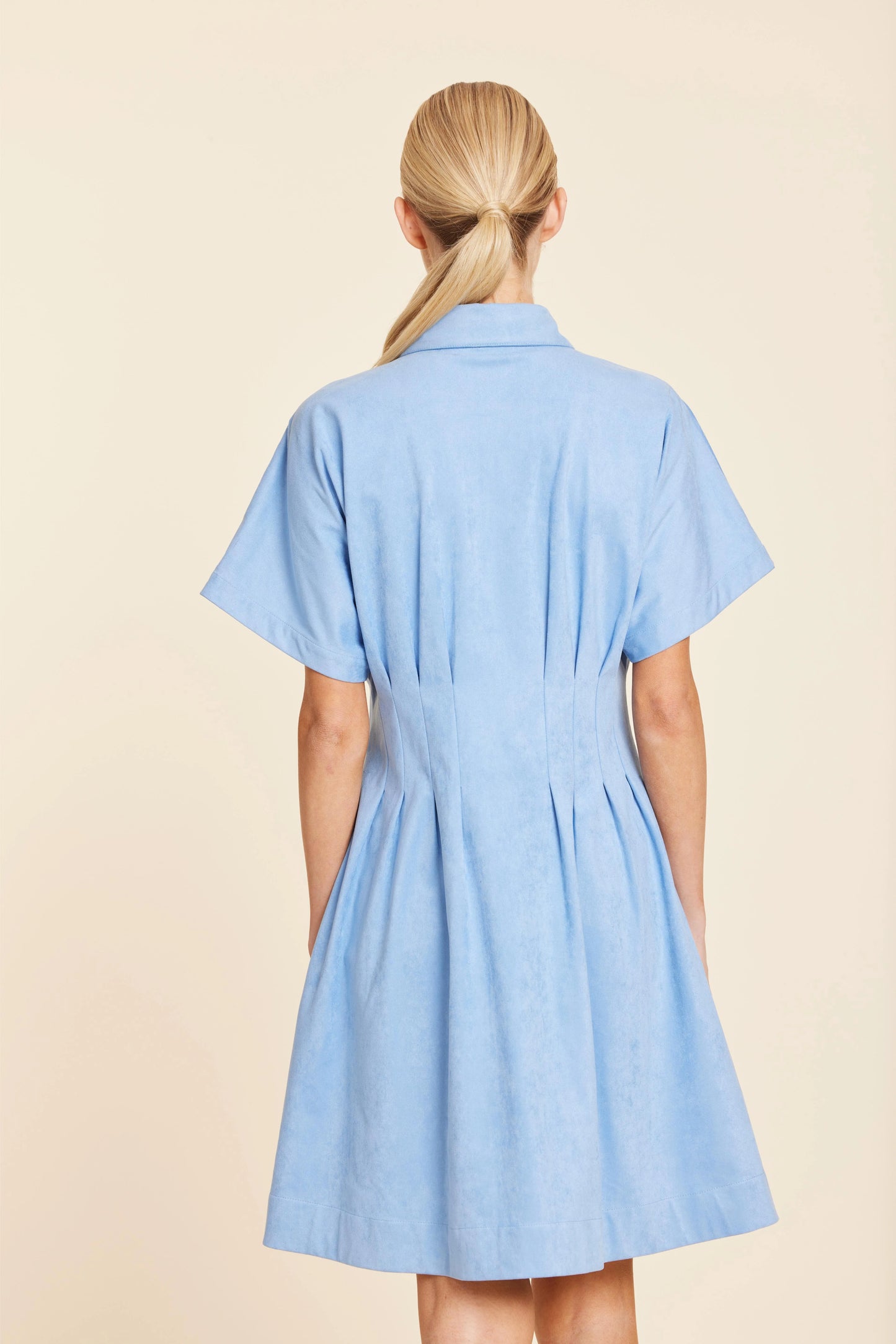 Faux Suede Pintuck Waist Dress - Sky