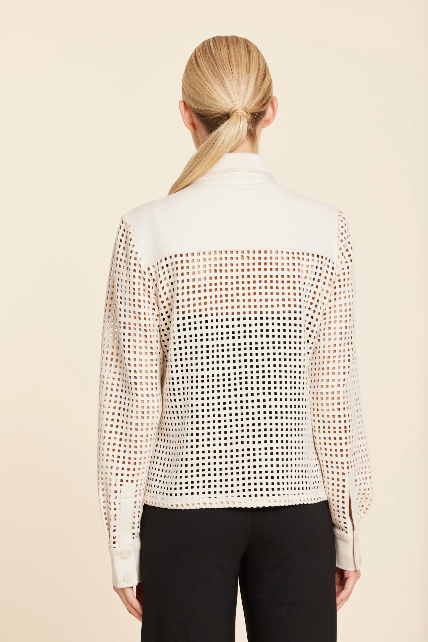 Faux Suede Lattice Cut Out Shirt - Creme