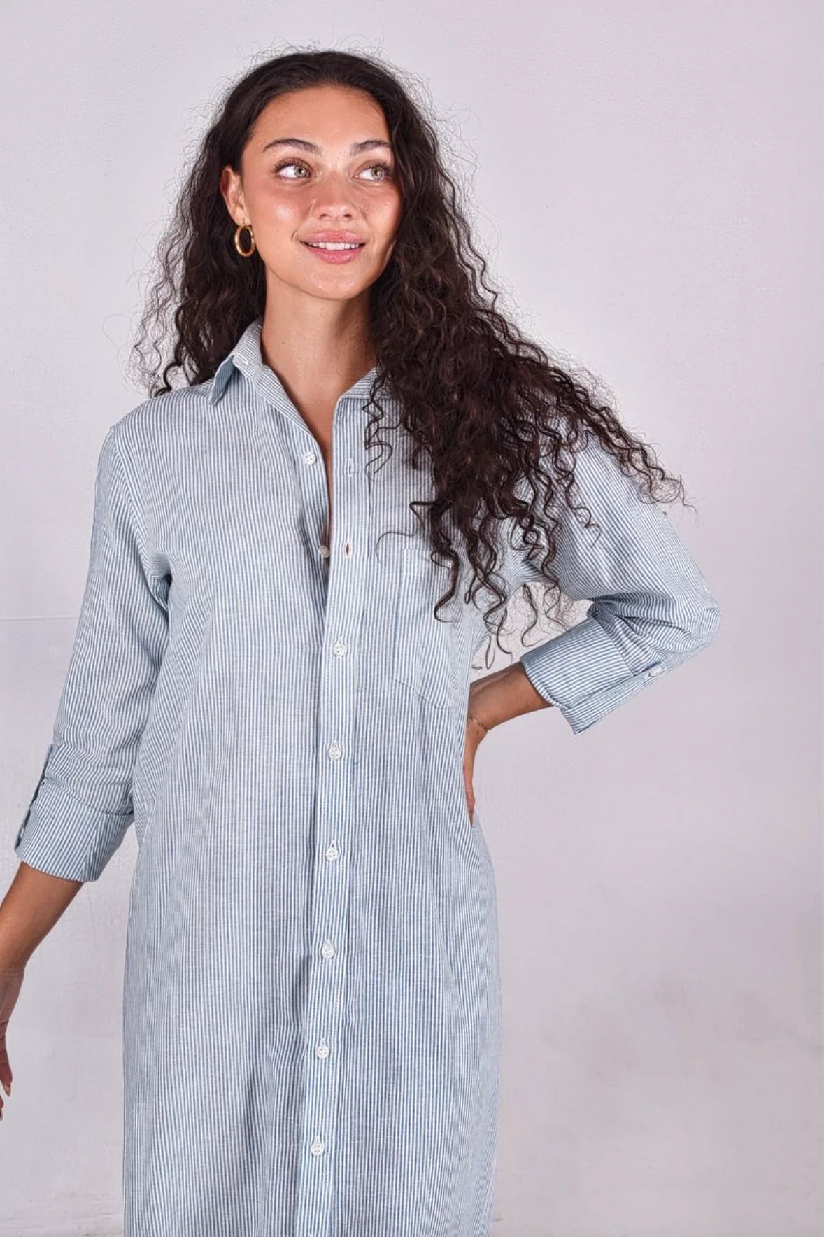 WHITE/TEAL STRIPE LINEN GIRLFRIEND MIDI DRESS - TEAL/WHITE