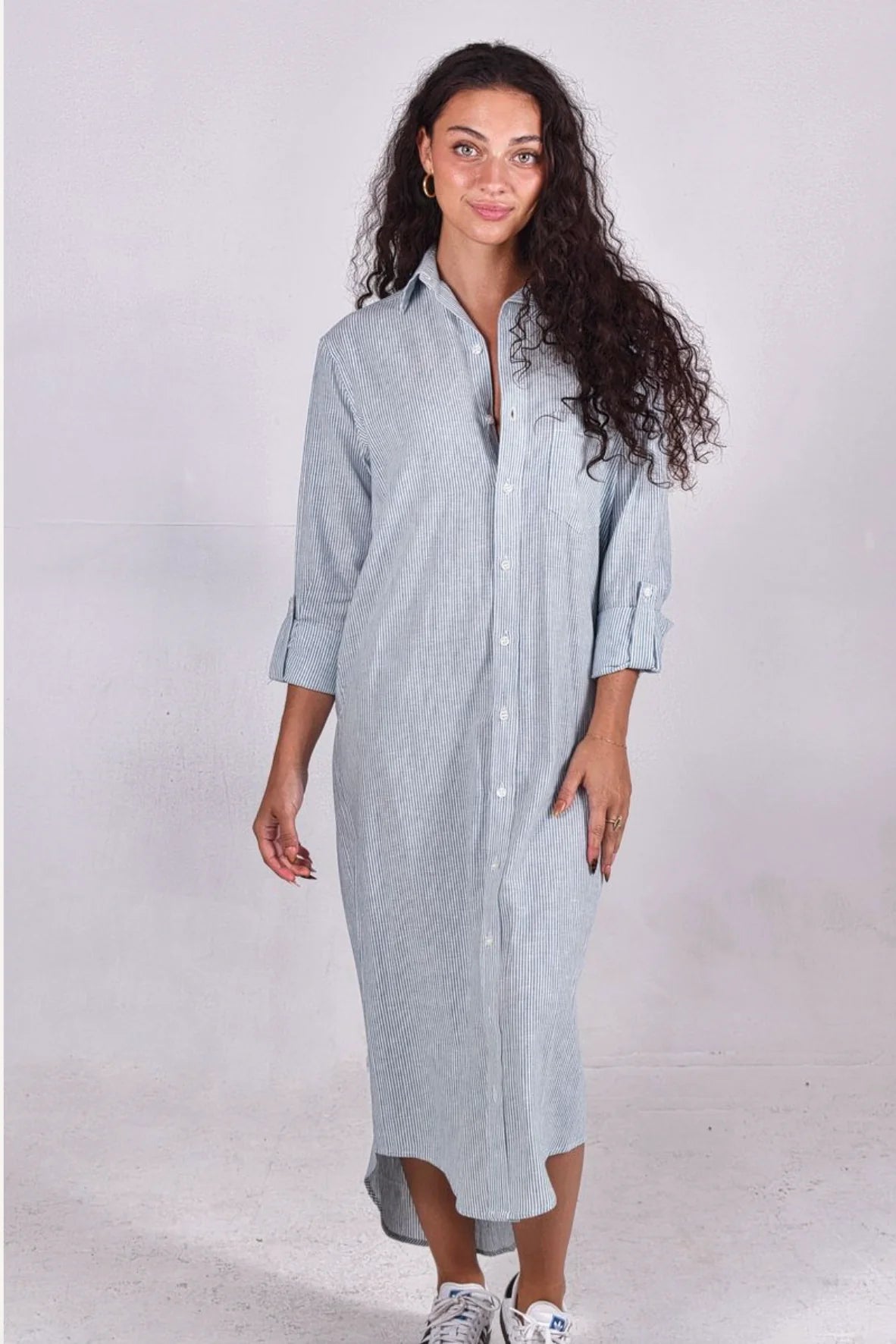 WHITE/TEAL STRIPE LINEN GIRLFRIEND MIDI DRESS - TEAL/WHITE