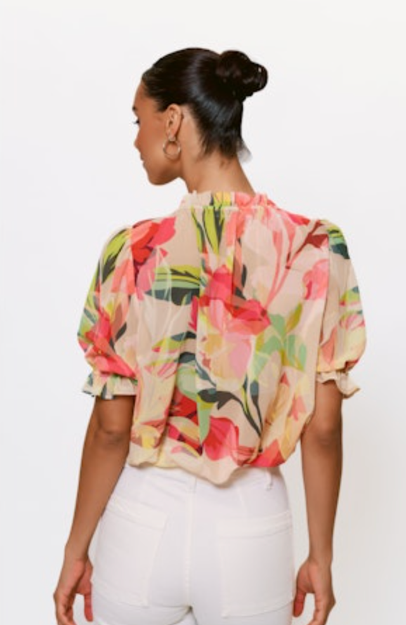Ruffle Collar Top - Taupe/Tropical Floral