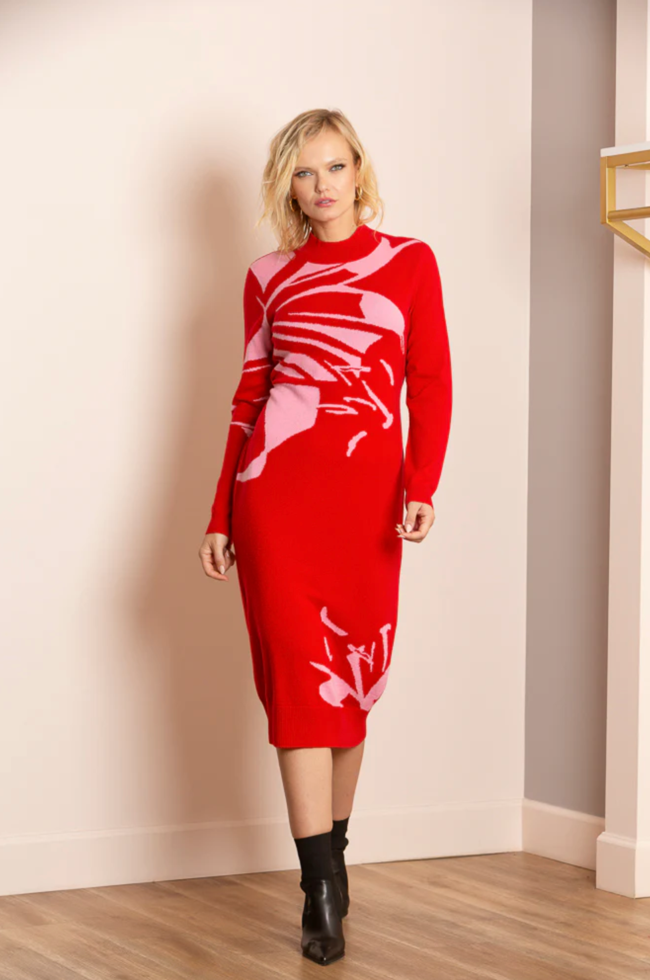 Cashmere Blended Intarsia Knit Dress - Red