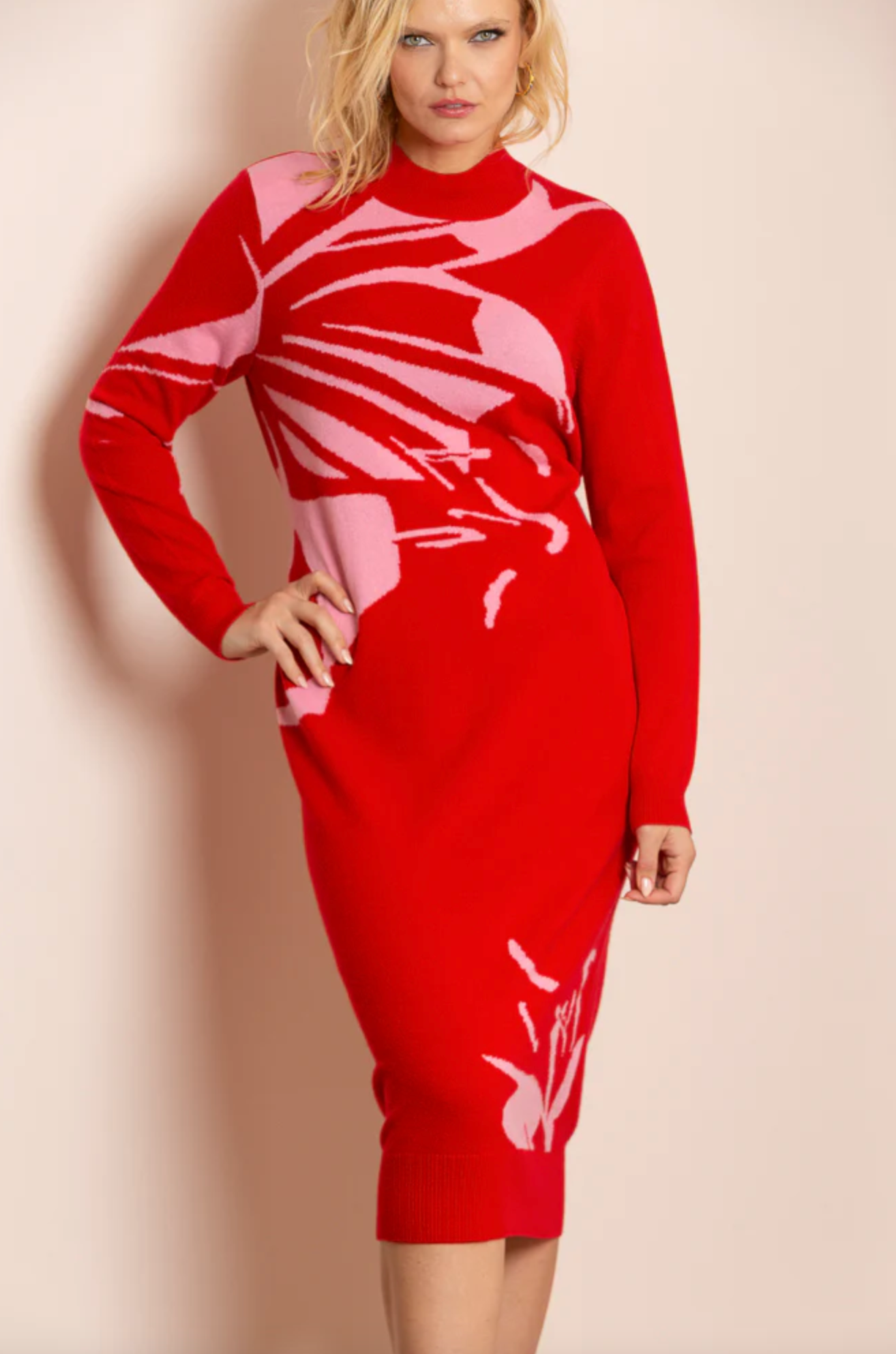 Cashmere Blended Intarsia Knit Dress - Red