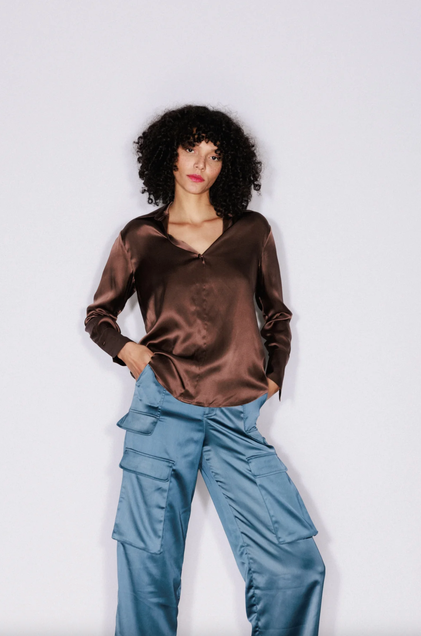 Daria French Cuff Silk Blouse - Coffee